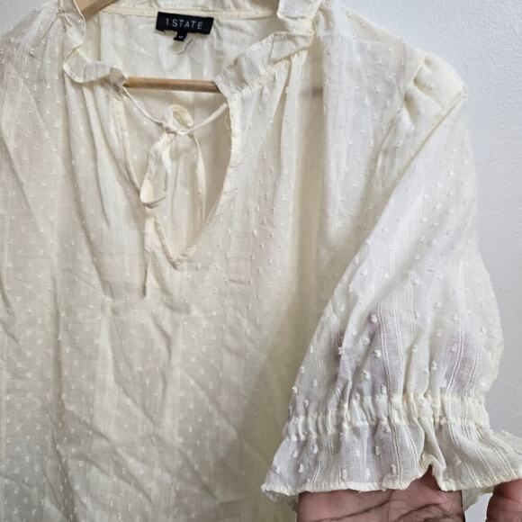 NWOT 1.STATE Women Cottagecore Sheer Blouse Ivory Medium Ruffle Puff Sleeves - Picture 2 of 11